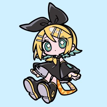 Rule 34 | 1girl, ameniwa, arm warmers, black arm warmers, black boots, black dress, black hairband, blonde hair, blue background, blush stickers, boots, bow hairband, chibi, chibi only, closed mouth, commentary, double-parted bangs, dress, english commentary, full body, green eyes, hair between eyes, hair ornament, hairband, hairclip, highres, kagamine rin, looking at viewer, nail polish, neckerchief, parallel hairclips, short hair, sidelocks, simple background, sleeveless, sleeveless dress, solo, standing, vocaloid, yellow nails, yellow neckerchief