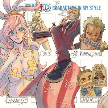 2girls 3boys antenna_hair avaxxah back bikini black_shoes blonde_hair blue_eyes braid braided_twintails brown_hair character_name cigarette commentary conis_(one_piece) curly_eyebrows dress earrings english_commentary facial_hair fish_hair_ornament glasses gloves goatee green_hair hair_ornament hand_in_pocket highres holding holding_cigarette jewelry mermaid monster_girl multiple_boys multiple_drawing_challenge multiple_girls necktie one_piece pink_dress pink_hair roronoa_zoro sanji_(one_piece) scar scar_on_face shell shell_earrings shirahoshi shoes short_dress short_eyebrows short_hair sidelocks smile swimsuit tamanegi_(one_piece) tears usopp wanted_poster weapon_in_mouth white_necktie white_wings wings yellow_bikini