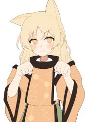 Rule 34 | 1girl, animal ears, blonde hair, cat ears, closed mouth, commentary request, detached sleeves, green skirt, happy, highres, iyo mamoru, looking at viewer, matara okina, no headwear, orange sleeves, orange tabard, paw print, shirt, simple background, skirt, smile, solo, tabard, touhou, undershirt, white background, white shirt, wide sleeves, yellow eyes