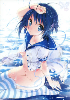 10s 1girl absurdres blue_eyes blue_hair bottomless breasts female_focus hair_ornament hairclip highres image_sample kamiya_maneki looking_at_viewer mahou_shoujo_madoka_magica matching_hair/eyes medium_breasts miki_sayaka navel no_panties open_clothes open_shirt scan school_uniform serafuku shirt short_hair sitting smile solo striped_clothes striped_thighhighs thighhighs underboob wariza