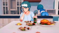 1boy 2girls 3d animated ass bent_over blue_eyes blue_hair blue_pants blue_shirt bottle cup dinner dishwashing drinking_glass elbow_rest feathermapleleaf fellatio_gesture female_focus food from_behind hair_ornament handjob_gesture head_rest highres indoors koikatsu_(medium) lana&#039;s_mother_(pokemon) lana_(pokemon) leaning_forward looking_at_another looking_at_viewer looking_back mature_female mother_and_daughter multiple_girls nintendo pants penetration_gesture pokemon pokemon_(anime) pokemon_sm_(anime) pov pov_across_table pov_hands presenting sexually_suggestive shirt short_sleeves sitting table tagme tongue tongue_out video wine_bottle wine_glass