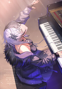 Rule 34 | 1girl, arm up, black choker, black coat, black dress, black hair, breast strap, breasts, choker, closed eyes, coat, commentary, dress, fur-trimmed coat, fur trim, grand piano, grey hair, hair ornament, highres, hololive, hololive english, instrument, large breasts, long hair, multicolored hair, music, parted lips, piano, playing instrument, shiori novella, shiori novella (1st costume), sitting, sleeveless, sleeveless dress, solo, split-color hair, symbol-only commentary, virtual youtuber, xyunx