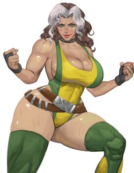 Rule 34 | 1girl, belt, breasts, brown hair, choker, cleavage, fingerless gloves, gloves, green eyes, leotard, marvel, marvel rivals, multicolored hair, rogue (x-men), solo, thick thighs, thighs, two-tone hair, white background, white hair, x-men