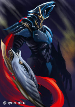 1boy alien arm_cannon armor artist_name baltan_battler_barel baltan_seijin commentary_request from_side glowing glowing_eyes kaiju long_scarf no_humans no_pupils nyoruniru orange_eyes partial_commentary pincers red_scarf scarf science_fiction shoulder_armor solo tokusatsu ultra_galaxy_(series) ultra_galaxy_mega_dai-kaijuu_battle ultra_series weapon wind