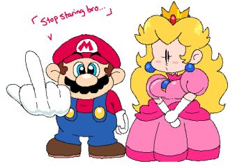 1boy 1girl annoyed blue_eyes breasts crown dress earrings facial_hair full_body gloves hat highres image_sample jewelry looking_at_viewer mario mario_(series) mayo_(funnyhoohooman) medium_breasts middle_finger mustache nintendo overalls pink_dress princess_peach standing super_mario_rpg twitter_sample