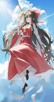 1girl absurdres ascot between_fingers black_shoes blue_sky bow breasts brown_eyes brown_hair chest_sarashi cloud collarbone commentary day detached_sleeves frilled_bow frilled_hair_tubes frilled_skirt frills full_body gohei hair_bow hair_tubes hakurei_reimu highres holding holding_gohei lens_flare long_hair looking_at_viewer majestol navel ofuda ofuda_between_fingers red_bow red_skirt sarashi shoes skirt skirt_set sky socks solo touhou white_socks yellow_ascot