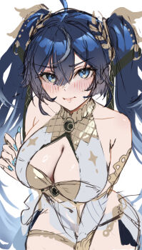 1girl absurdres ahoge ancient_greek_clothes atiarta7 bare_shoulders blue_eyes blue_hair blue_nails blush breasts cleavage closed_mouth commentary english_commentary fingernails gold_bra greco-roman_clothes highres iuno_(wuthering_waves) jewelry large_breasts laurel_crown long_fingernails long_hair looking_at_viewer multicolored_hair nail_polish simple_background sketch solo streaked_hair thighlet thighs twintails twitter_username unfinished white_background wuthering_waves