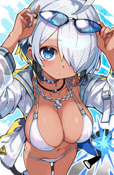 1girl adjusting_eyewear arms_up bikini blue-tinted_eyewear bombergirl breasts chain chain_necklace choker closed_mouth commentary_request cross cross_necklace eyewear_on_head gray_(bombergirl) grey_choker grey_hair hair_over_one_eye hand_on_eyewear highres jacket jewelry large_breasts looking_at_viewer navel necklace omochishiki one_eye_covered open_clothes open_jacket short_hair solo standing stomach swimsuit tan tinted_eyewear white_bikini white_jacket