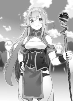 Rule 34 | 1girl, absurdres, blurry, blurry background, bracer, cleavage cutout, closed mouth, clothing cutout, commentary request, cowboy shot, earrings, elf, greyscale, hand on own hip, highres, holding, holding staff, jewelry, long hair, mage staff, monochrome, pelvic curtain, pointy ears, second-party source, shin no nakama janai to yuusha no party wo oidasareta no de henkyou de slow life suru koto ni shimashita, shoulder cutout, sky, smile, solo focus, staff, standing, thighhighs, yarandrala, yasumo (kuusouorbital)