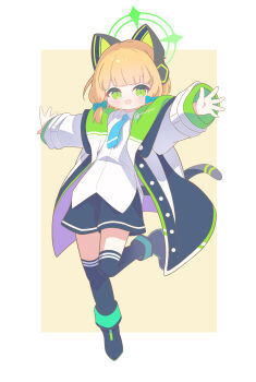 Rule 34 | 1girl, :d, absurdres, animal ear headphones, animal ears, black boots, black jacket, black shorts, black tail, black thighhighs, blonde hair, blue archive, blue bow, blue necktie, blunt bangs, blush, boots, border, bow, buttons, cat ear headphones, cat ears, cat tail, collared shirt, commentary request, fake animal ears, fake tail, full body, green eyes, green halo, green jacket, hair bow, halo, headphones, highres, hood, hooded jacket, jacket, leg up, long sleeves, looking at viewer, low-tied sidelocks, midori (blue archive), multicolored jacket, necktie, open clothes, open hands, open jacket, open mouth, outside border, outstretched arms, ruru nyano, shirt, short hair, shorts, sidelocks, simple background, smile, solo, spread arms, standing, standing on one leg, tail, thighhighs, twitter username, two-sided fabric, two-sided jacket, unbuttoned, untucked shirt, white border, white jacket, white shirt, yellow background