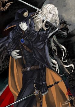 Rule 34 | 2boys, absurdres, alucard (castlevania), armor, back-to-back, belt, belt buckle, black cape, black gloves, black hair, black hat, black pants, brown belt, buckle, cape, castlevania: symphony of the night, castlevania (series), closed mouth, crossover, d (vampire hunter d), full moon, gem, gloves, hat, highres, holding, holding sword, holding weapon, jewelry, long hair, looking at viewer, maggie15963, male focus, moon, multiple boys, orange cape, pale skin, pants, pendant, shoulder armor, sword, two-sided fabric, vampire hunter d, weapon, white hair, yellow eyes
