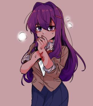Rule 34 | 1girl, blazer, blue skirt, breath, collared shirt, doki doki literature club, doki doki literature club school uniform, facing viewer, grey jacket, hand up, hashtag-only commentary, highres, holding, holding knife, jacket, knife, long hair, looking at viewer, pink vest, purple eyes, purple hair, school uniform, self-harm, shirt, skirt, solo, ting mong, vest, white shirt, wrist cutting, yuri (doki doki literature club)