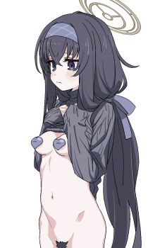 1girl animated animated_gif black_hair black_sweater blue_archive blush breasts brown_halo closed_mouth clothes_lift commentary_request cotton_swab female_pubic_hair from_side hairband halo heart_pasties highres inverted_nipples large_areolae lifting_own_clothes long_hair medium_breasts navel nipples pasties pointy_breasts pubic_hair puffy_nipples purple_eyes purple_hairband removing_pasties simple_background sleeves_past_wrists solo stomach sweater sweater_lift tamaya ui_(blue_archive) very_long_hair white_background
