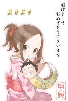 Rule 34 | 1boy, 1girl, 2024, aki (yunkana), black hair, brown eyes, brown hair, clenched teeth, commentary request, dragon horns, eastern dragon horns, eating, hair ribbon, highres, japanese clothes, karakai jouzu no takagi-san, kimono, looking at viewer, nishikata, obi, pink kimono, ponytail, red ribbon, red sash, ribbon, sash, sidelocks, takagi-san, teeth, translation request