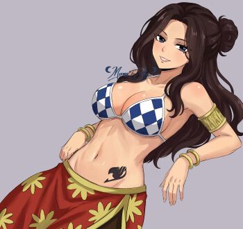 1girl absurdres armlet bare_shoulders bikini blue_bikini blush bracelet breasts brown_eyes brown_hair cana_alberona cleavage commentary fairy_tail grey_background highres jewelry large_breasts leaning long_hair looking_at_viewer midriff moonstosky multicolored_bikini navel simple_background skirt smile stomach_tattoo swimsuit tattoo white_bikini