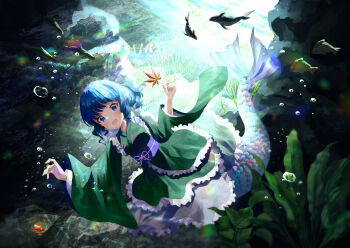 1girl :d absurdres blue_eyes blue_hair blush bubble commentary dress fins fish fish_request fish_tail frilled_dress frills green_dress green_kimono highres holding holding_leaf japanese_clothes kimono leaf leaf_print light_rays long_sleeves maple_leaf medium_hair mermaid monster_girl nettian51 obi open_mouth plant plant_request ribbon sash scales shirt smile solo tail touhou underwater underwear wakasagihime white_ribbon white_shirt wide_sleeves