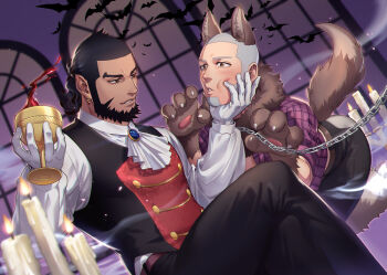 2boys animal_ears animal_hands ascot beard belt black_pants buzz_cut candle chalice commentary_request cup earrings facial_hair foxvulpine gloves golden_kamuy grabbing_another&#039;s_chin grey_hair hand_on_another&#039;s_chin holding holding_cup jewelry kiroranke kneeling light_particles looking_at_another male_focus mature_male multiple_boys pants parted_lips purple_shirt shiraishi_yoshitake shirt short_hair smoke tail v-shaped_eyebrows very_short_hair white_ascot white_gloves white_shirt window wolf_ears wolf_tail yaoi