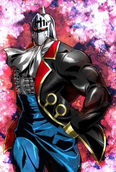 Rule 34 | 1boy, abs, birthday, black coat, blue pants, broad shoulders, coat, frills, hands in pockets, happy birthday, helm, helmet, highres, kinnikuman, long sleeves, looking at viewer, male focus, marufuji hirotaka, mask, muscular, muscular male, open clothes, open coat, pants, red eyes, robin mask, shirt, solo, spiked helmet, standing, victorian, white shirt