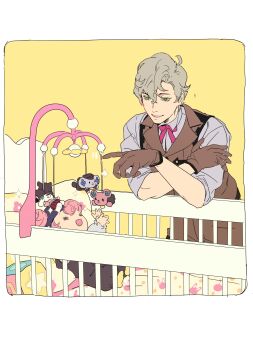 Rule 34 | 1boy, 1girl, = =, absurdres, ace attorney, aged down, bow, brown gloves, brown pants, brown vest, collared shirt, crib, double bun, gloves, green eyes, grey shirt, hair between eyes, hair bun, hands up, herlock sholmes, highres, iris wilson, mobile, open mouth, pants, pillow, pink hair, reaching, red bow, shirt, short hair, smile, sparkle, teeth, the great ace attorney, toddler, tugai, vest