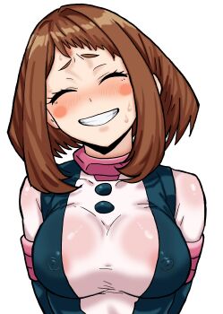 1girl absurdres artist_request bodysuit boku_no_hero_academia breasts brown_hair closed_eyes covered_erect_nipples highres large_breasts looking_at_viewer short_hair simple_background smile solo upper_body uraraka_ochako white_background