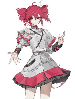 Rule 34 | 1girl, ahoge, breasts, chest harness, collared shirt, green shirt, grey skirt, hair between eyes, hair ribbon, hands up, harness, head tilt, highres, kasane teto, kasane teto (sv), layered shirt, long sleeves, parted lips, reaching, reaching towards viewer, red eyes, red hair, red skirt, ribbon, shirt, short hair, simple background, skirt, small breasts, solo, synthesizer v, two-tone skirt, ummwa, white background, white ribbon