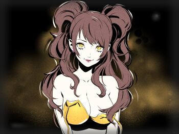 bikini breasts brown_hair eightyfourart gold_bikini highres kujikawa_rise looking_at_viewer medium_breasts persona persona_4 shadow_rise swimsuit twintails
