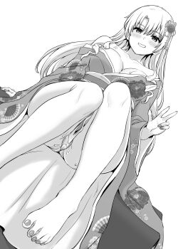 1girl absurdres bare_legs bare_shoulders barefoot breasts cleavage clenched_teeth collarbone commentary_request feet foot_focus greyscale hair_ornament highres inanaki_shiki japanese_clothes kimono large_breasts long_hair long_sleeves looking_at_viewer miura_yumiko monochrome off_shoulder presenting_foot print_kimono pussy_juice simple_background solo teeth thong toes v white_background wide_sleeves yahari_ore_no_seishun_lovecome_wa_machigatteiru.