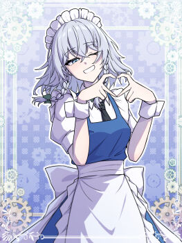 1girl apron black_necktie blue_dress blue_eyes braid commentary dress four-finger_heart_hands grey_hair grin hair_between_eyes hair_ribbon heart heart_hands highres izayoi_sakuya looking_at_viewer maid maid_apron maid_headdress medium_hair necktie one_eye_closed ribbon shirt short_sleeves side_braids smile solo teeth tenx2_1341 touhou twin_braids white_shirt wrist_cuffs