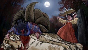 2girls absurdres basket_on_head biting black_hair blood blood_on_clothes blood_on_face blue_shirt dead_animal forest full_moon grey_eyes hands_up highres kitsune korean_clothes kyuubi long_sleeves m4skedboi moon multiple_girls multiple_tails nature neck_biting night open_mouth outdoors red_skirt scared scp-953 scp_foundation shirt short_hair skirt sweatdrop tail tree turn_pale yellow_shirt