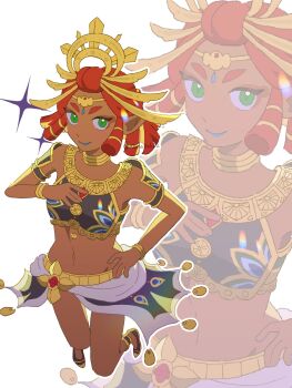 1girl blue_lips bracelet breasts circlet closed_mouth crop_top dark-skinned_female dark_skin gerudo green_eyes highres jewelry lipstick looking_at_viewer makeup midriff nameko_(nanakake2) navel neck_ring nintendo pointy_ears red_hair riju short_hair skirt smile solo the_legend_of_zelda the_legend_of_zelda:_tears_of_the_kingdom thick_eyebrows zoom_layer