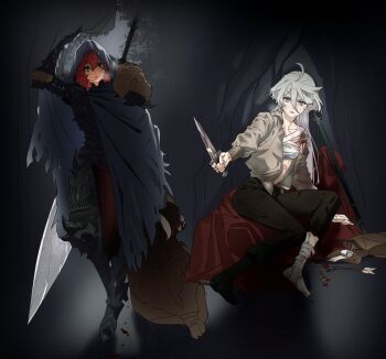 2girls armor arrow_(symbol) baesong bandaged_chest bandaged_foot bandages black_cloak black_pants blood bloody_bandages broken_arrow cloak commentary_request dagger fantasy greatsword grey_shirt gundam gundam_suisei_no_majo holding holding_dagger holding_knife holding_weapon hood hood_up knife korean_commentary long_hair miorine_rembran multiple_girls night pants rain red_hair scar scar_on_face shirt suletta_mercury sword sword_on_back tent weapon weapon_on_back white_hair