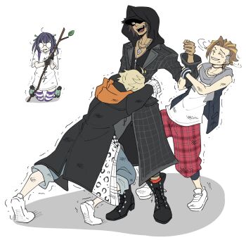 1girl 3boys black_coat black_vest blonde_hair brown_hair closed_eyes coat dirty dirty_clothes facial_mark furesawa_tosai glasses grey_scarf holding_back hoodie injury jewelry kanade_rindo long_coat minamimoto_sho multicolored_hair multiple_boys necklace orange_hoodie pants pearl_necklace plaid_clothes plaid_pants purple_hair red_pants round_eyewear scarf shin_subarashiki_kono_sekai shirt stick subarashiki_kono_sekai tearing_up two-tone_hair usui_nagi vest whisker_markings whiskers white_shirt