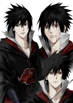1boy akatsuki_uniform black_eyes black_hair blood bloody_tears closed_mouth dirty dirty_face hair_between_eyes highres male_focus multiple_views naruto_(series) naruto_shippuuden red_eyes sharingan short_hair simple_background sso_s uchiha_sasuke white_background