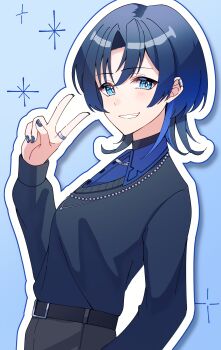 Rule 34 | 1girl, absurdres, belt, black belt, black pants, black sweater, blue background, blue eyes, blue hair, blue shirt, collared shirt, gradient hair, grin, highres, hiodoshi ao, hiodoshi ao (1st costume), hololive, hololive dev is, jewelry, looking at viewer, medium hair, multicolored hair, pants, ring, shirt, smile, solo, sweater, teeth, tsumurimai, v, v-neck, virtual youtuber