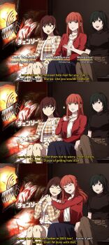 3girls 3koma black_hair blood blood_on_clothes brown_hair chainsaw chainsaw_man closed_eyes coat comic cosiecottage denji_(chainsaw_man) english_text higashiyama_kobeni highres himeno_(chainsaw_man) interview ise_mariya kusunoki_tomori long_hair looking_at_another looking_at_viewer looking_to_the_side makima_(chainsaw_man) medium_hair multiple_girls open_mouth plaid_clothes plaid_coat plaid_skirt red_coat red_hair sharp_teeth shirt short_hair sitting skirt smile subtitled takahashi_karin teeth twitter_username white_shirt