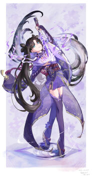 Rule 34 | 1girl, absurdres, arm up, artist name, black hair, bow, bridal gauntlets, commentary, commission, cosplay, costume switch, crossover, drawing sword, electricity, fate/grand order, fate/stay night, fate (series), full body, genshin impact, glowing, glowing sword, glowing weapon, green eyes, hair bow, haruno chika (haruno381), head tilt, highres, holding, holding sword, holding weapon, human scabbard, japanese clothes, kimono, leaning to the side, lingerie, long hair, mitsudomoe (shape), musou isshin (genshin impact), neck ribbon, off shoulder, parted bangs, parted lips, purple background, purple kimono, purple thighhighs, raiden shogun, raiden shogun (cosplay), red ribbon, red sash, ribbon, sash, shade, skeb commission, smile, solo, sword, sword between breasts, thighhighs, tohsaka rin, tomoe (symbol), twintails, underwear, weapon, wide sleeves