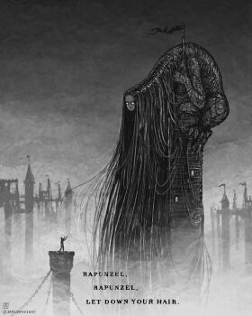 1boy 1girl 2020 absurdly_long_hair banner castle chain commentary crying dated eldritch_abomination english_commentary english_text flag greyscale highres horror_(theme) jr_(jarsarts) long_hair medieval monochrome monster no_pupils prince princess rapunzel_(fairy_tale) rapunzel_(fairy_tale_character) tears tower very_long_hair