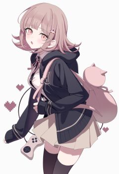 1girl absurdres animal_bag blush breasts brown_hair cat_bag collared_shirt commentary_request danganronpa_(series) danganronpa_2:_goodbye_despair flipped_hair hair_ornament highres hood jacket long_sleeves looking_at_viewer medium_hair mizu_(lzzrwi603) nanami_chiaki neck_ribbon open_clothes open_jacket pink_bag pink_eyes pink_ribbon pleated_skirt ribbon shirt skirt solo thighhighs two-tone_shirt white_shirt