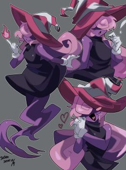 1girl artist_name bare_shoulders black_dress colored_skin curly_hair dated dress fire ghost_tail gloves grey_background hair_over_eyes hat heart highres long_hair mario_(series) multicolored_hair multiple_views nintendo own_hands_together paper_mario paper_mario:_the_thousand-year_door pink_hair purple_skin red_hat satoro301 smile striped_clothes striped_headwear tongue two-tone_hair vivian_(paper_mario) white_gloves white_hat witch_hat