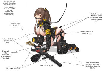 Rule 34 | 1girl, 404 logo (girls' frontline), absurdres, all fours, anal, anal object insertion, ball gag, bdsm, black gloves, breasts, breasts out, brown hair, collar, commission, cuffs, english text, fingerless gloves, gag, girls' frontline, gloves, gun, h&amp;k ump, hair between eyes, handcuffs, highres, hood, hood down, hooded jacket, jacket, leash, looking at viewer, nipples, object insertion, one side up, restrained, sawkm, scar, scar across eye, scar on face, second-party source, shirt, simple background, skirt, slave, smile, solo, submachine gun, ump45 (girls' frontline), vaginal, vaginal object insertion, weapon, white shirt, yellow eyes