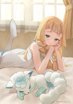 1girl 1other alolan_form alolan_vulpix animal_ears bare_shoulders bed_sheet blonde_hair curtains dress gen_7_pokemon green_eyes highres lillie_(pokemon) long_hair looking_at_viewer lying multiple_tails nako_(nekono_shippo75) nintendo on_bed on_stomach pokemon pokemon_(creature) pokemon_sm sleeping sleeveless tail thighhighs white_dress white_fur white_thighhighs