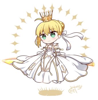 Rule 34 | 1girl, ahoge, artoria pendragon (fate), blonde hair, bow, braid, bun with braided base, chibi, crown, dress, fate/grand order, fate (series), floating, green eyes, hair bow, hair bun, lord logres (fate), lord logres (second ascension) (fate), single sidelock, smile, solo, sword, tsuchiya madose, weapon, white background, white bow, white dress