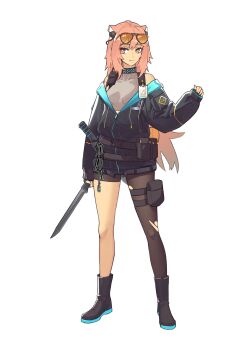 1girl absurdres animal_ears ankle_boots arknights arm_at_side bare_shoulders black_boots black_jacket boots bright_pupils brown_pantyhose chinese_commentary closed_mouth commentary_request covered_collarbone eyewear_on_head full_body gravel_(arknights) hand_up highres holding holding_machete holding_weapon infection_monitor_(arknights) jacket lanyard light_smile long_hair long_sleeves looking_at_viewer machete off_shoulder pantyhose pink_eyes pink_hair pouch rongyuanfeida rubber_boots simple_background single_leg_pantyhose sleeves_past_wrists solo standing strap thigh_pouch thigh_strap tinted_eyewear torn_clothes torn_pantyhose walkie-talkie weapon white_background white_pupils yellow-tinted_eyewear