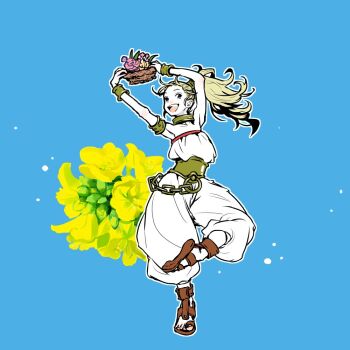 1girl bare_shoulders blonde_hair chrono_trigger commentary flower full_body green_eyes jewelry long_hair looking_at_viewer marle_(chrono_trigger) mochi_(hanamaruudondesu) open_mouth ponytail smile solo