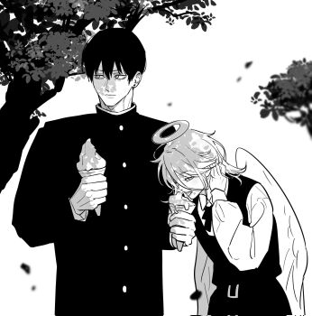 Rule 34 | 2boys, angel devil (chainsaw man), buttons, chainsaw man, collared shirt, commentary request, corrupted twitter file, crossdressing, crossdressing (mtf), dress, earrings, eating, fourth east high school uniform, gakuran, greyscale, hayakawa aki, highres, holding, holding ice cream cone, ice cream cone, jewelry, korean commentary, male focus, monochrome, multiple boys, school uniform, shirt, short hair, simple background, sleeveless, sleeveless dress, topknot, tus oo, upper body, white background, white shirt