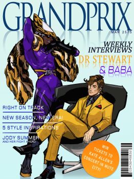 2boys alternate_costume baba_(f-zero) barcode belt blue_background blue_eyes bodysuit boots brown_hair chair cover crossed_legs dark-skinned_male dark_skin domino_mask dr._stewart english_text eye_mask f-zero fake_magazine_cover formal_clothes gloves grin helmet high_heel_boots high_heels highres looking_at_viewer magazine_cover mask monkii_(mjooolnina) multiple_boys muscular muscular_male necktie nintendo pelt shoes sitting smile suit