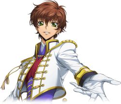 Rule 34 | 1boy, artist request, brown hair, code geass, code geass: lost stories, cropped jacket, epaulettes, game cg, gloves, gold trim, green eyes, hair between eyes, jacket, kururugi suzaku, long sleeves, looking at viewer, male focus, military uniform, non-web source, official art, outstretched arm, parted lips, purple shirt, reaching, reaching towards viewer, red vest, shirt, short hair, sidelocks, smile, solo, standing, tassel, teeth, uniform, upper body, vest, white gloves, white jacket