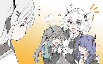 +_+ 4girls ^_^ alina_(arknights) animal_ears arknights arknights:_endfield arm_around_shoulder ascot black_ascot black_jacket blue_hair blush brown_hair ch&#039;en_(arknights) chen_qianyu_(arknights) chiriejjiyo closed_eyes deer_ears deer_girl dragon_girl dragon_horns gloves gradient_background green_jacket grey_hair hair_ornament hairclip highres holding_hands horns in-franchise_crossover jacket long_hair long_sleeves low_twintails multiple_girls necktie open_mouth ponytail red_eyes shirt simple_background smile talulah_(arknights) twintails white_shirt yellow_necktie