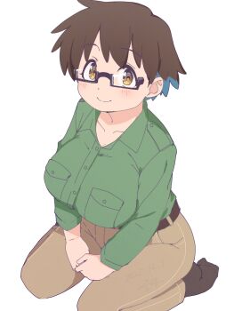 1girl belt bluearcadegames breast_pocket breasts brown_belt brown_hair brown_pants brown_socks glasses green_shirt highres imari_youko large_breasts pants pocket rectangular_eyewear ruri_no_houseki seiza shirt short_hair sitting smile socks thick_thighs thighs white_background yellow_eyes