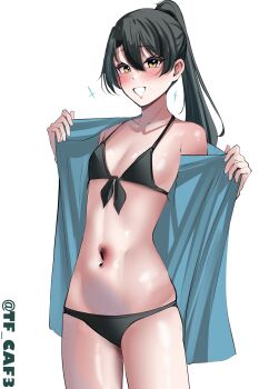 1girl absurdres bikini black_bikini blue_jacket blush breasts collarbone cowboy_shot front-tie_bikini_top front-tie_top green_hair hair_between_eyes hashtag-only_commentary highres jacket kantai_collection long_hair looking_at_viewer navel official_alternate_costume official_alternate_hairstyle one-hour_drawing_challenge open_clothes open_jacket open_mouth ponytail sidelocks simple_background skindentation small_breasts solo sparkle standing stomach string_bikini swimsuit tf_cafe triangle_mouth twitter_username white_background yellow_eyes zuikaku_(kancolle) zuikaku_(swimsuit)_(kancolle) zuikaku_kai_ni_(kancolle)